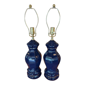 Vintage Palm Beach Pair of Cobalt Blue Ceramic Table Lamps Newly Wired - a Pair