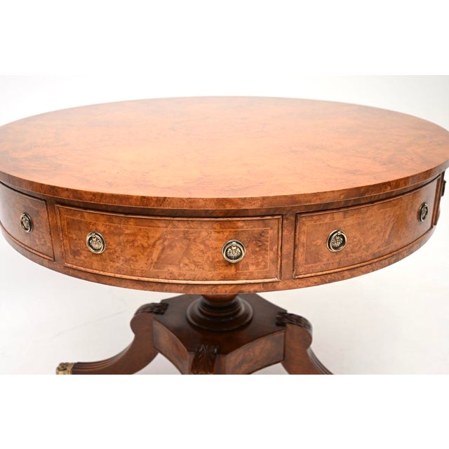 Vintage Regency Style Burr Walnut Drum Table, 1950 For Sale - Image 9 of 12