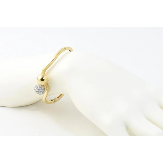 Metal Midcentury Gold and Pave Diamond Bypass Ball Bangle Bracelet For Sale - Image 7 of 8