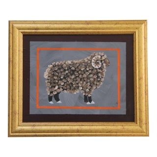 Sheep Ram Minimalism Folk Art Black Brown Gray Original Oil Painting by Cleo Plowden For Sale