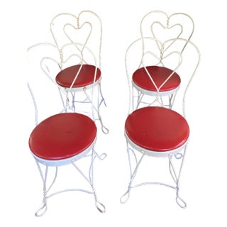 4 Mid-Century "Sweetheart" Ice Cream Parlor Chairs, Original Red Vinyl Seats, Made by L&b Factory, Hudson Ny For Sale