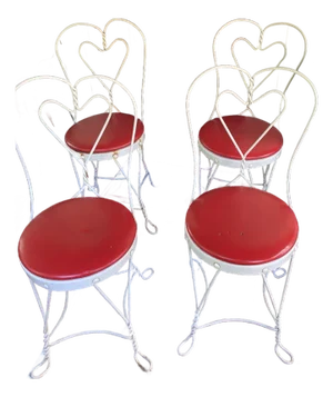 4 Mid-Century "Sweetheart" Ice Cream Parlor Chairs, Original Red Vinyl Seats, Made by L&b Factory, Hudson Ny