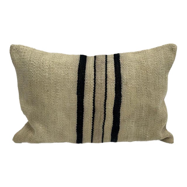 Turkish Hemp Pillow Cushion Natural Beige Black Pillow Cushion Cover 16" x 24" For Sale