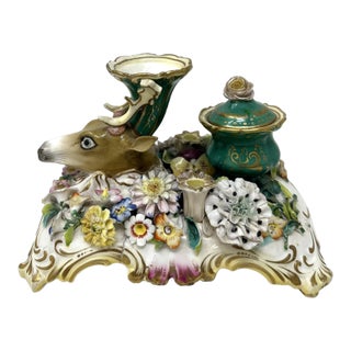 Antique English Coalbrookdale Flower Encrusted Porcelain Inkwell Centerpiece 1820 For Sale