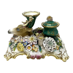 Antique English Coalbrookdale Flower Encrusted Porcelain Inkwell Centerpiece 1820