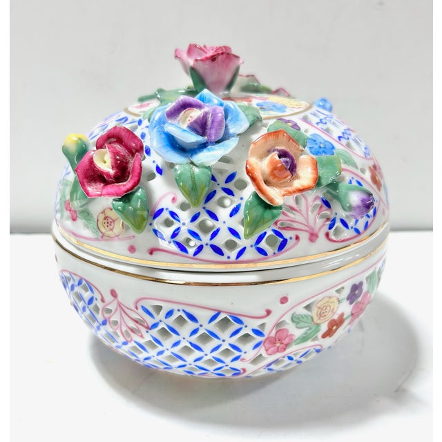 Decorative Pierced Porcelain Rose Jar With Applied Flowers - Floral Lidded Potpourri Bowl - Chinoiserie Style For Sale - Image 4 of 11
