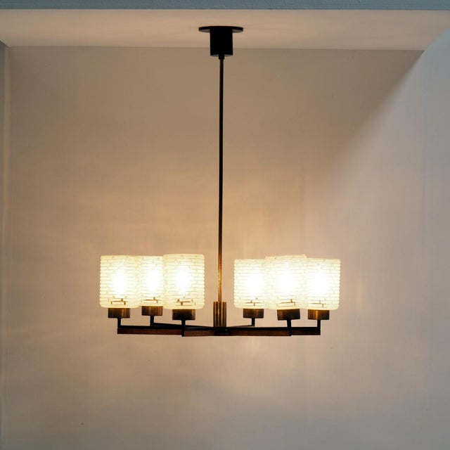 Vintage Six-Light Chandelier in Brass with Teak and Black Metal from Philips, 1960s For Sale - Image 6 of 12