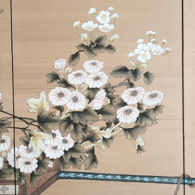 Wood Hong Kong 4-Panel Byobu Overflowing Flower Cart Hand Painted & Hand Signed Silk Folding Divider Screen Early to Mid 20th Century For Sale - Image 7 of 12
