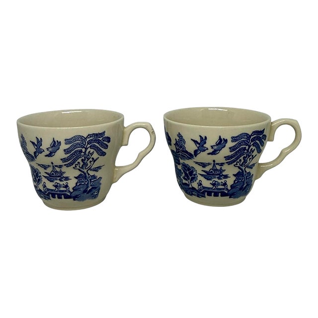 Vintage Eit Blue Willow Pagoda Design Ironstone Tea Coffee Cups - a Pair For Sale