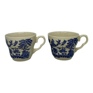 Vintage Eit Blue Willow Pagoda Design Ironstone Tea Coffee Cups - a Pair