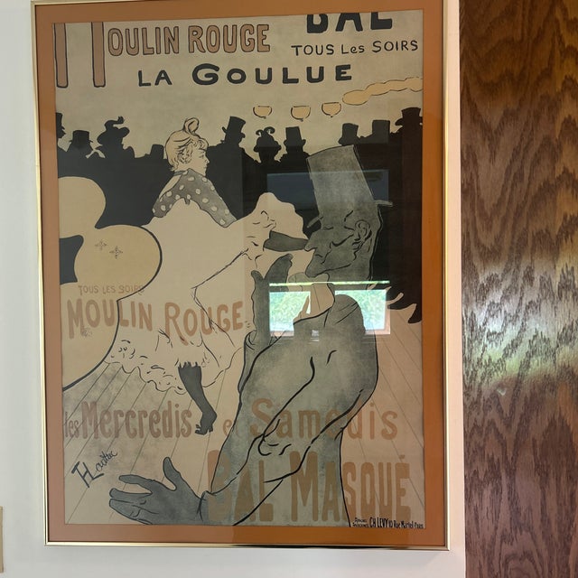 Framed in a heavy gold tone metal; measure 26.25”x35” including frame 1” matte border; in very good condition.