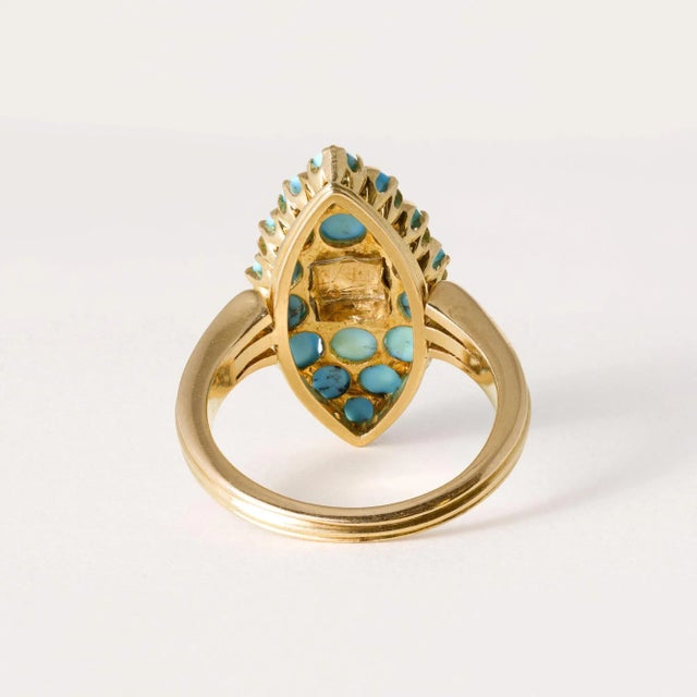Vintage 18k Rose Gold Turquoise and Pearl Navette Ring, Size 8 For Sale In Los Angeles - Image 6 of 6