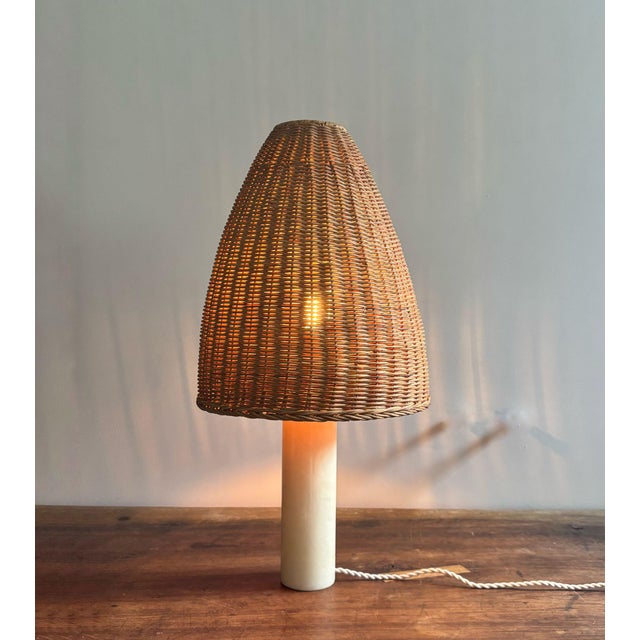 Vintage Cream Alabaster Table Lamp with Wicker Shade, 1960s For Sale - Image 4 of 9