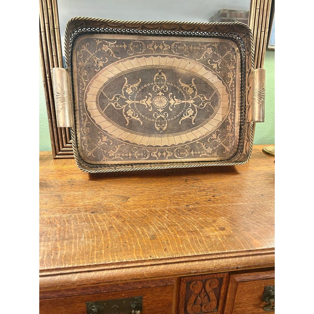 Vintage Castilian Imports India Neoclassical Engraved Brass Gallery Serving Tray For Sale - Image 4 of 12