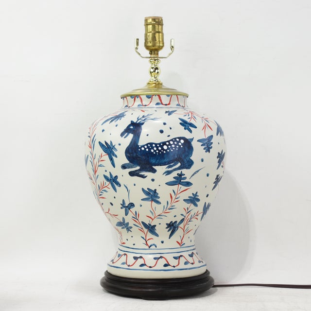 Early 21st Century Pair of Vintage Brunschwig & Fils Cadiz Table Lamps - Blue and Cream Ceramic With Boar and Deer Motif For Sale - Image 5 of 15