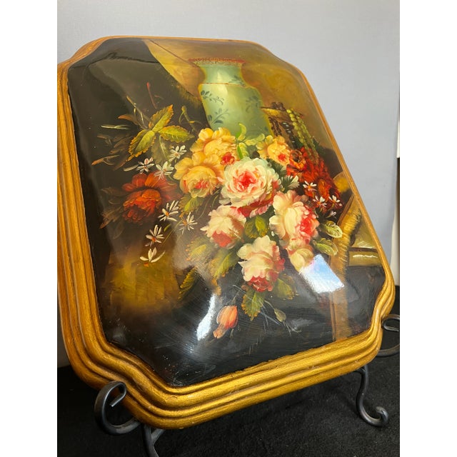 Vintage Handpainted Russian Still Life Lacquered Painting With Gilded Edges For Sale - Image 11 of 12