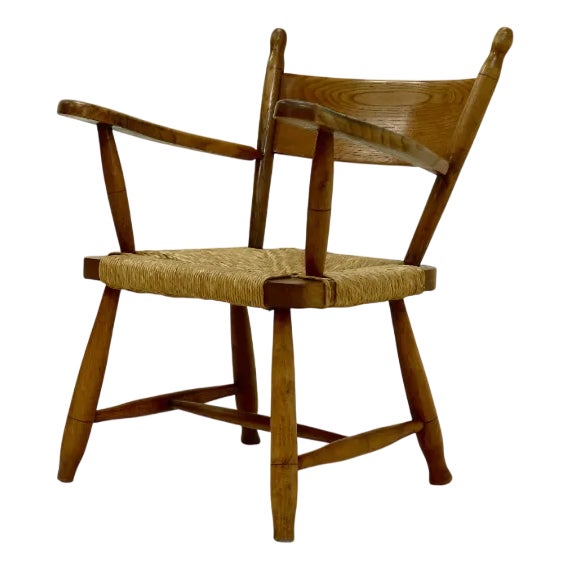 French Blonde Oak and Rush Armchair, 1950s For Sale