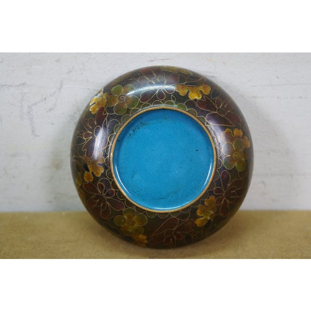 Metal 3 Chinese Brass Cloisonne Blue Enameled Floral Bud Vases & Ashtray For Sale - Image 7 of 14