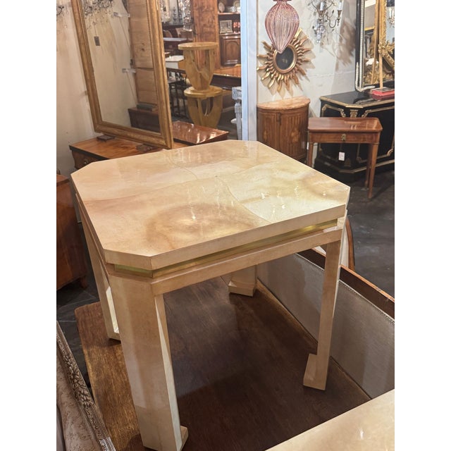 Tan Pair of Italian MCM Parchment and Brass Side Tables For Sale - Image 8 of 8