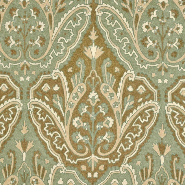 Sample - Schumacher Maharajah Crewel Embroidery Fabric in Verdigris For Sale