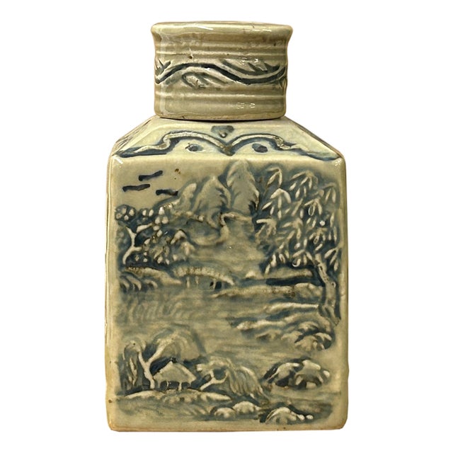 Cream Celadon Porcelain Blue Flower Graphic Square Container For Sale