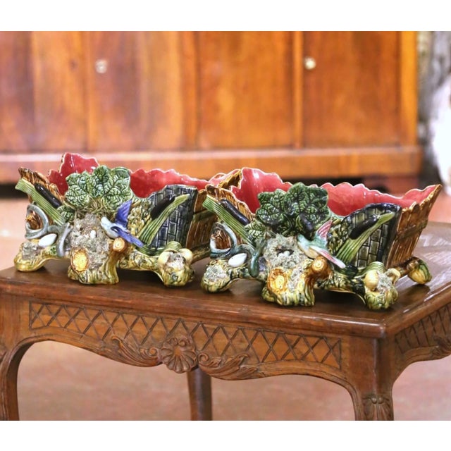 Pair 19th Century French Palissy-Style Barbotine Majolica Bird Jardinières For Sale In Dallas - Image 6 of 13