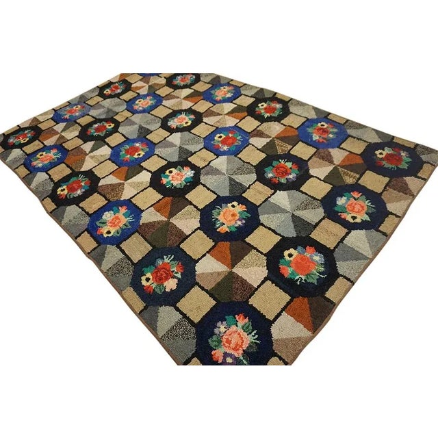 1920s Multi Grid Folk Art Antique American Hooked Rug 6'0" X 9'0" Woven Wool Carpet For Sale - Image 10 of 11