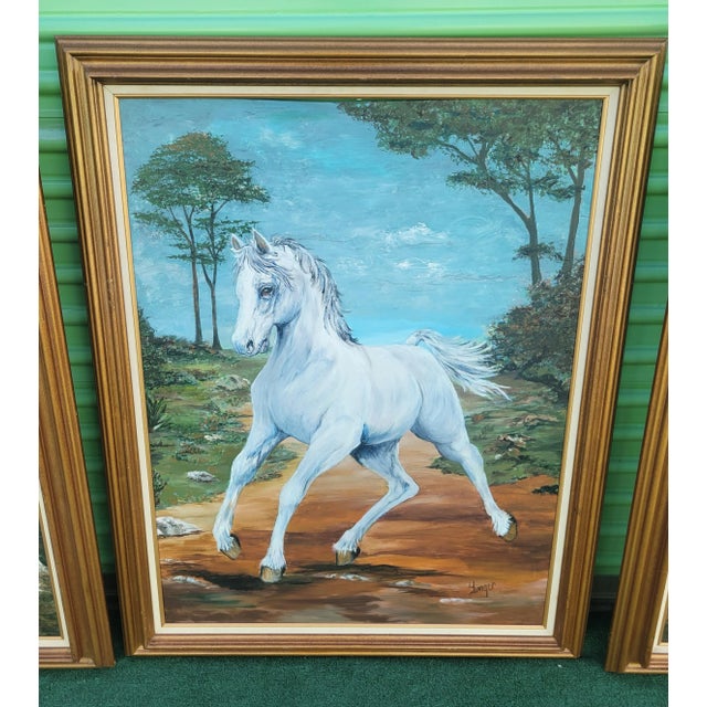 Textile Custom Painted Equestrian White Horse Canvas Framed Fine Wall Art For Sale - Image 7 of 10