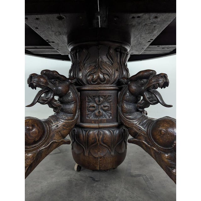 Renaissance-Style Oak Pedestal Table with Dragon Heads For Sale - Image 6 of 8