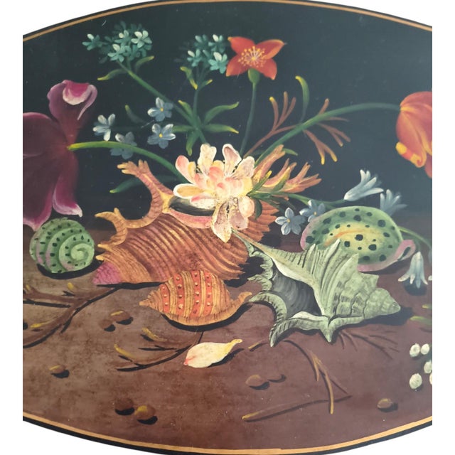 Early 19th Century English Scalloped Tole Tray on Stand With Floral and Shell Motif, Circa 1830 For Sale - Image 5 of 7