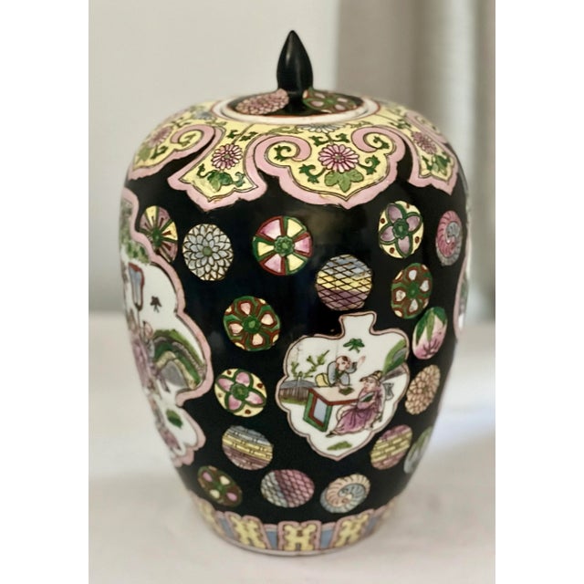 Vintage Chinese Famille Noire porcelain ginger jar with lid, c 1920-30s. Impressive ovoid shape jar hand painted with...