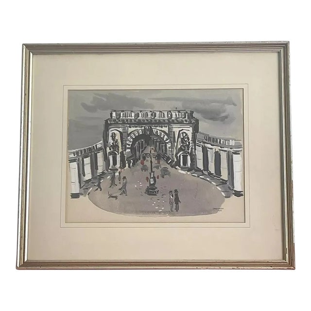 1950 Parisian Arch Painting Mid Century Watercolor Gouache Signed, Framed For Sale