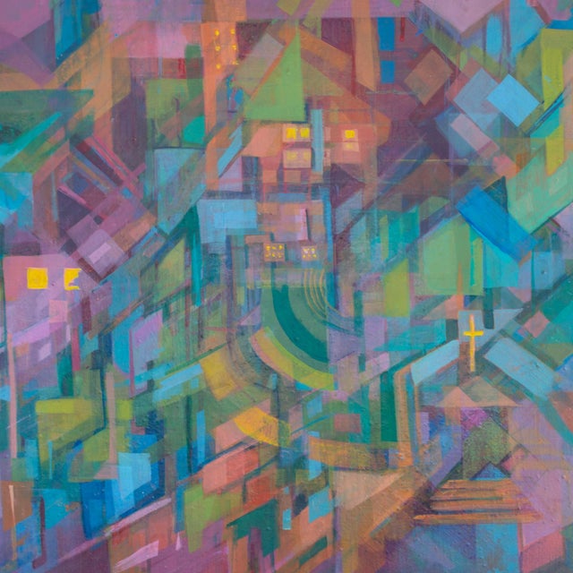 Abstract Cubist Polychrome Cityscape With Purple and Turquoise For Sale - Image 6 of 13