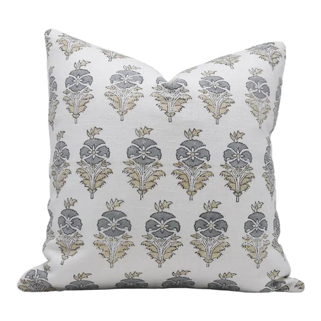 Fabdivine Floral Block Print Pillow Cover 14x14 Inch Off-White Linen-Mor Mukut For Sale