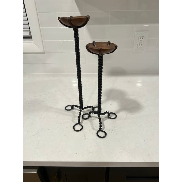 Two, Arts & Crafts Period Wrought Iron and Copper Candlesticks For Sale - Image 4 of 4