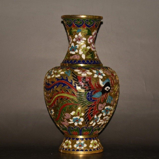 Chinese Pair of Vintage Chinese Cloisonné Dragon & Phoenix Vases With Gilded Ground For Sale - Image 3 of 9