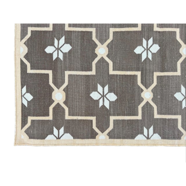 Not Yet Made - Made To Order Handmade Cotton Natural Vegetable Dyed Rug Brown and Cream Flower Pattern Dhurrie - 10'x14' For Sale - Image 10 of 11