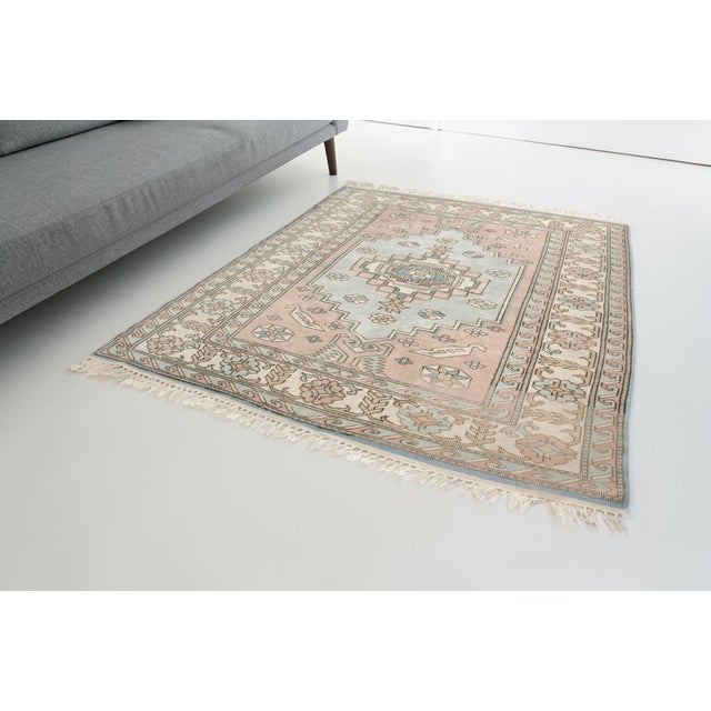 Pink Vintage Turkish Area Rug, Soft Pink and Blue, Handwoven Wool For Sale - Image 8 of 10