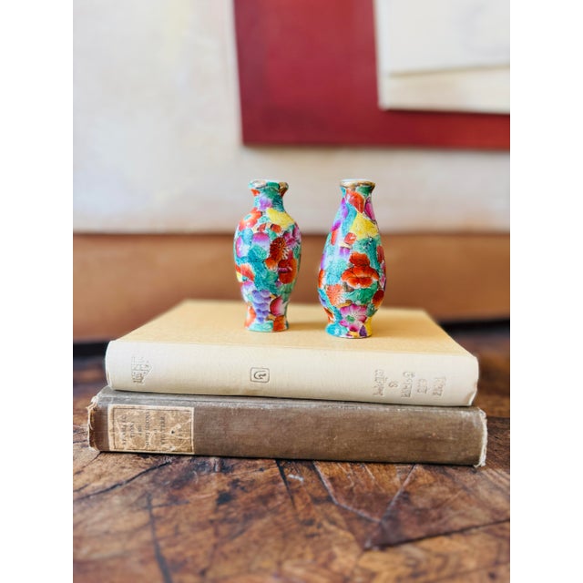 Chinoiserie Pair Vintage Millefleurs 100 Flowers Miniature Porcelain Vases – Pair | Hand-Painted Floral Chinese Porcelain | 1950s–1970s For Sale - Image 3 of 9