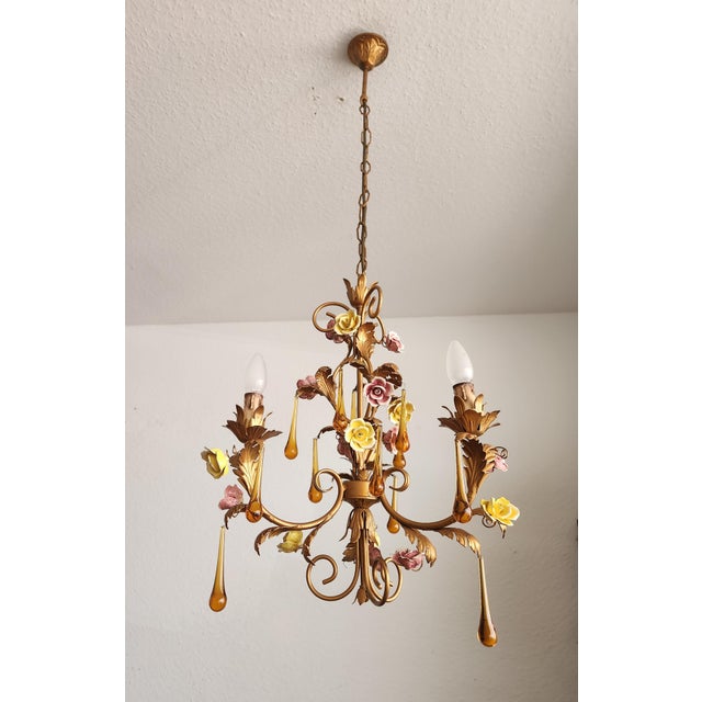 Baroque Vintage Venetian Three-Light Chandelier with Murano Glass Drops, 1960s For Sale - Image 3 of 18