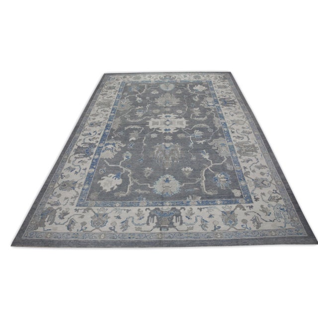 Early 21st Century Gray & Blue Floral Design Handwoven Wool Modern Turkish Oushak Rug 9'9" X 13'11" For Sale In Houston - Image 6 of 10