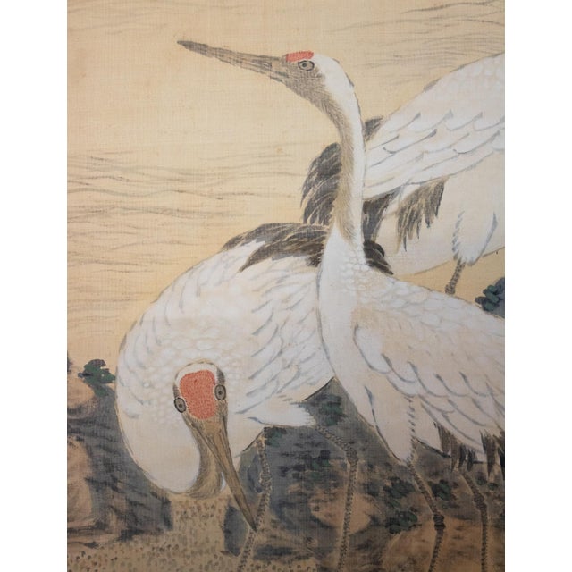 Tan Meiji Era "Cranes and the Sun", Japanese Silk Scroll Painting For Sale - Image 8 of 18