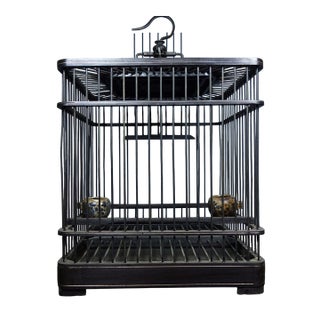 Vintage Dark Wood Birdcage With Bronze Wire and Ceramic Feeders For Sale
