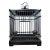 Vintage Dark Wood Birdcage With Bronze Wire and Ceramic Feeders For Sale