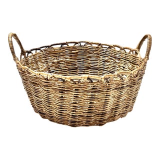 Vintage Handwoven Wicker Bread Basket – Round Farmhouse Storage Basket With Wrapped Handles For Sale