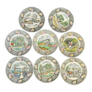 1930s Adams Currier and Ives Dinner Plates Gray Rose Border Vintage Americana Transferware - Set of 8 For Sale