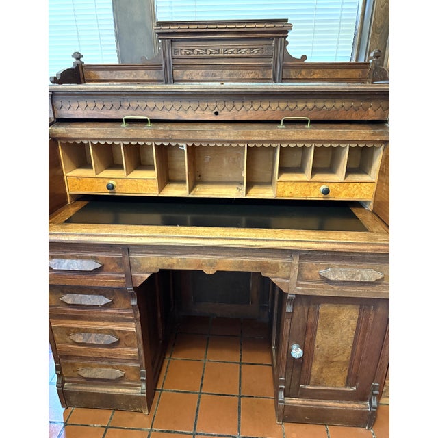 Antique Walnut Roll Top Desk, Many Drawers & Cubby Holes, Leather Mat For Sale - Image 4 of 12