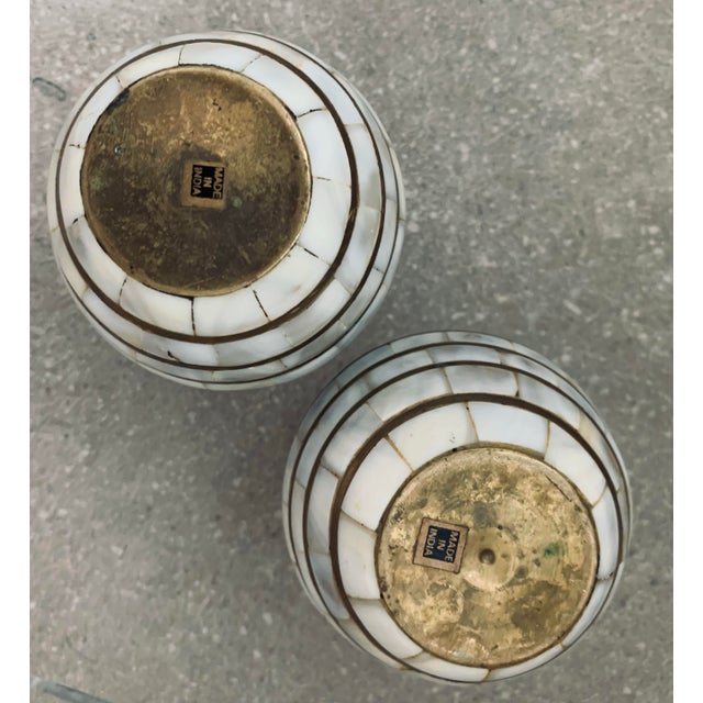 1970’s Vintage Indian Tessellated Mother of Pearl, Shell Candlestick Holders With Brass Trim- A Pair For Sale - Image 9 of 12