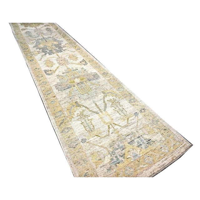 Turkish 21st Century Turkish Oushak Wool 3x19 Yellow, Ivory & Charcoal Handmade Runner Rug #1144143 For Sale - Image 3 of 8