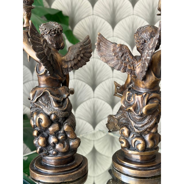 Antique Art Nouveau Brass Bronze Cherub Cupid Angel Candlestick Holder Sculptures - A Pair For Sale - Image 9 of 18